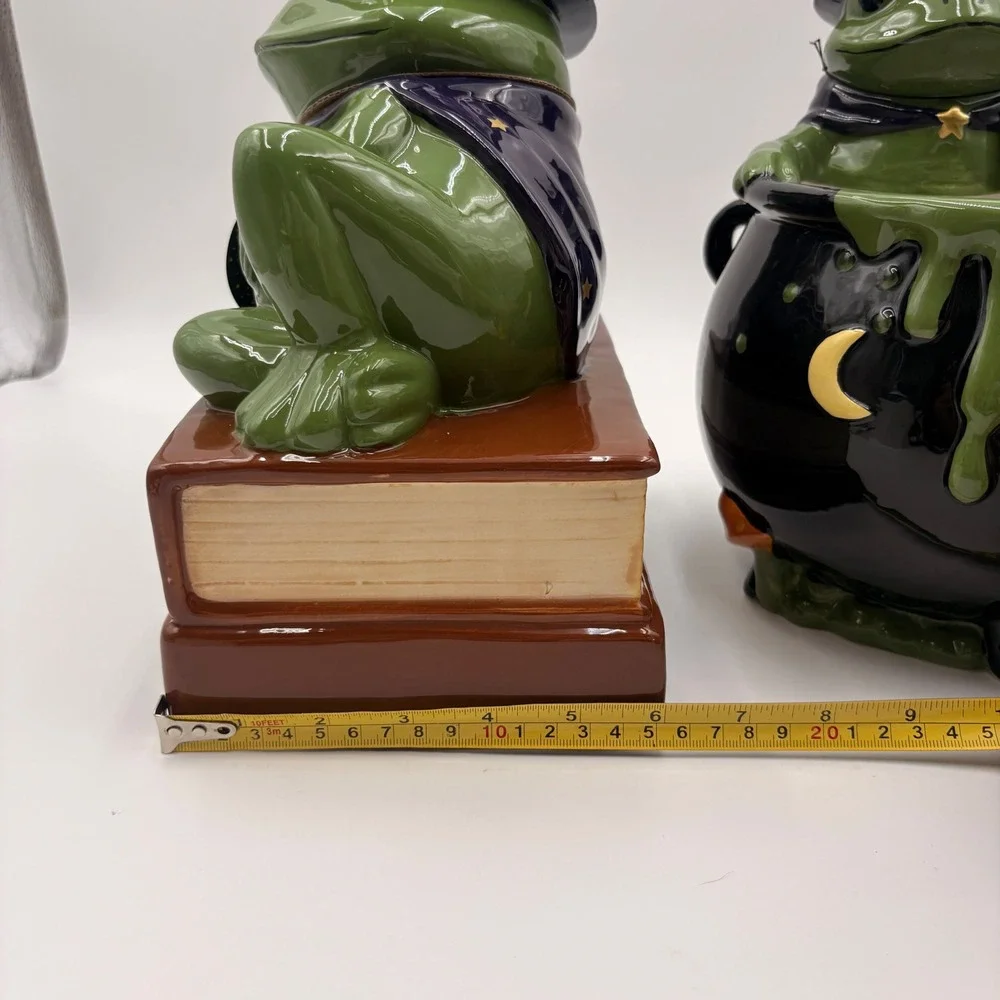 Haunted Halloween Ceramic Witch Frog Cookie Jar and Cauldron Candy Dish Set NEW